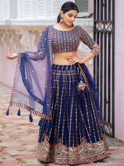 Dazzling Navy Blue Sequins Georgette Lehenga Choli With Belt