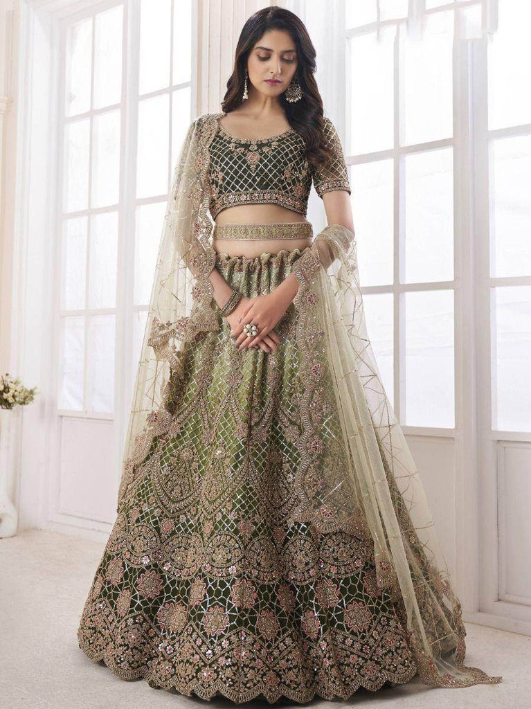 Fabulous Olive-Green Sequined Work Net Reception Wear Lehenga Choli