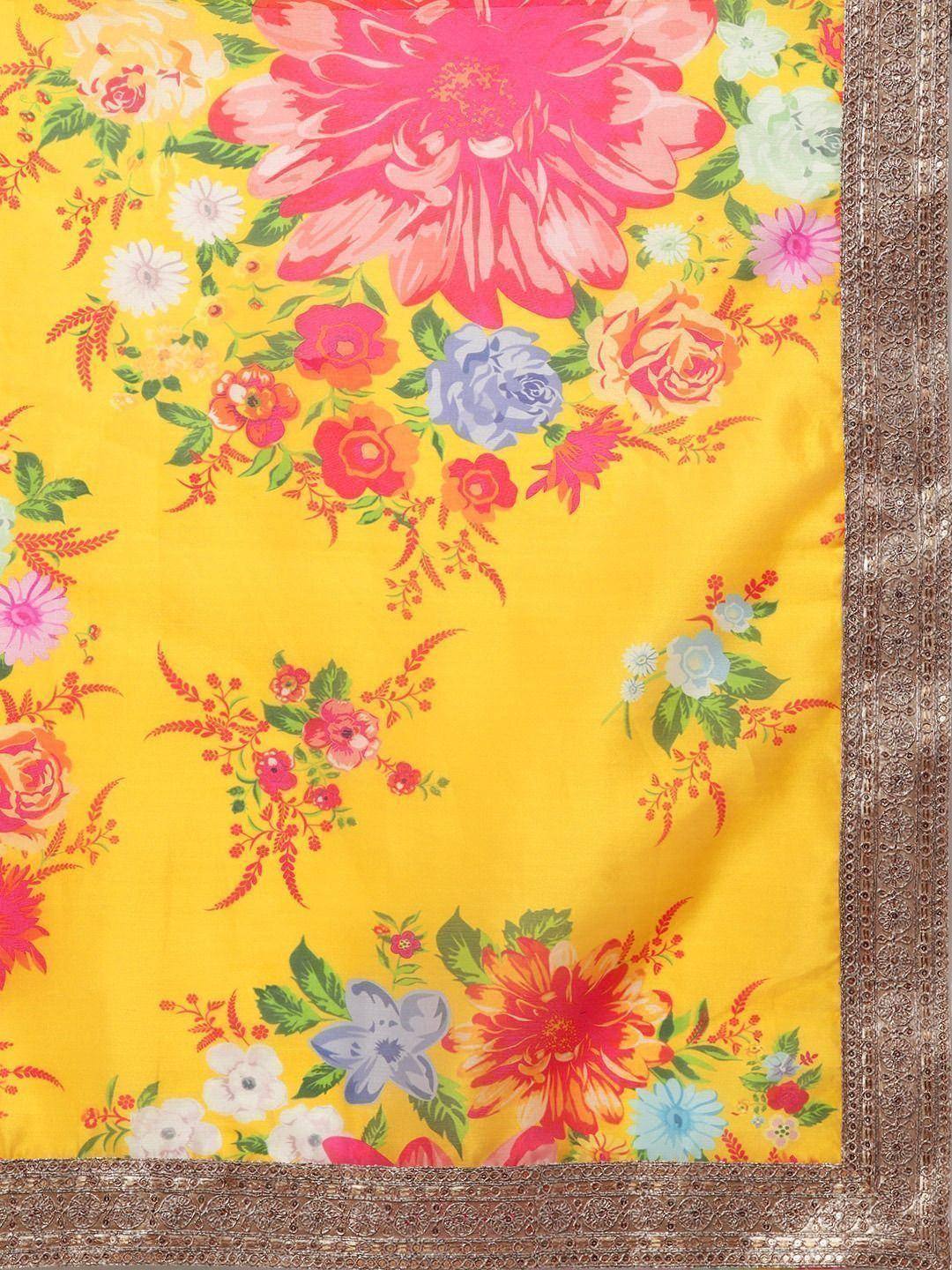 Yellow floral printed saree with embroidered border, vibrant Indian ethnic wear