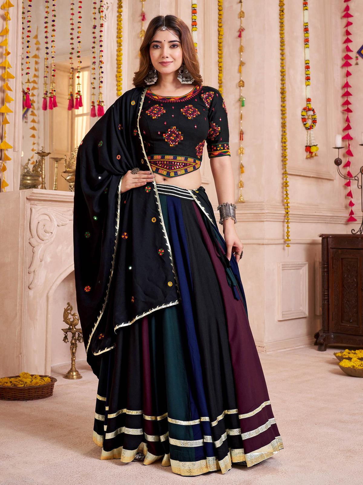 Stunning Black Cotton Thread Embroidered Lehenga Choli With Dupatta