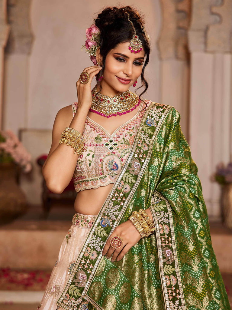 Adorning Peach Thread Embroidered Tissue Lehenga Choli With Dupatta