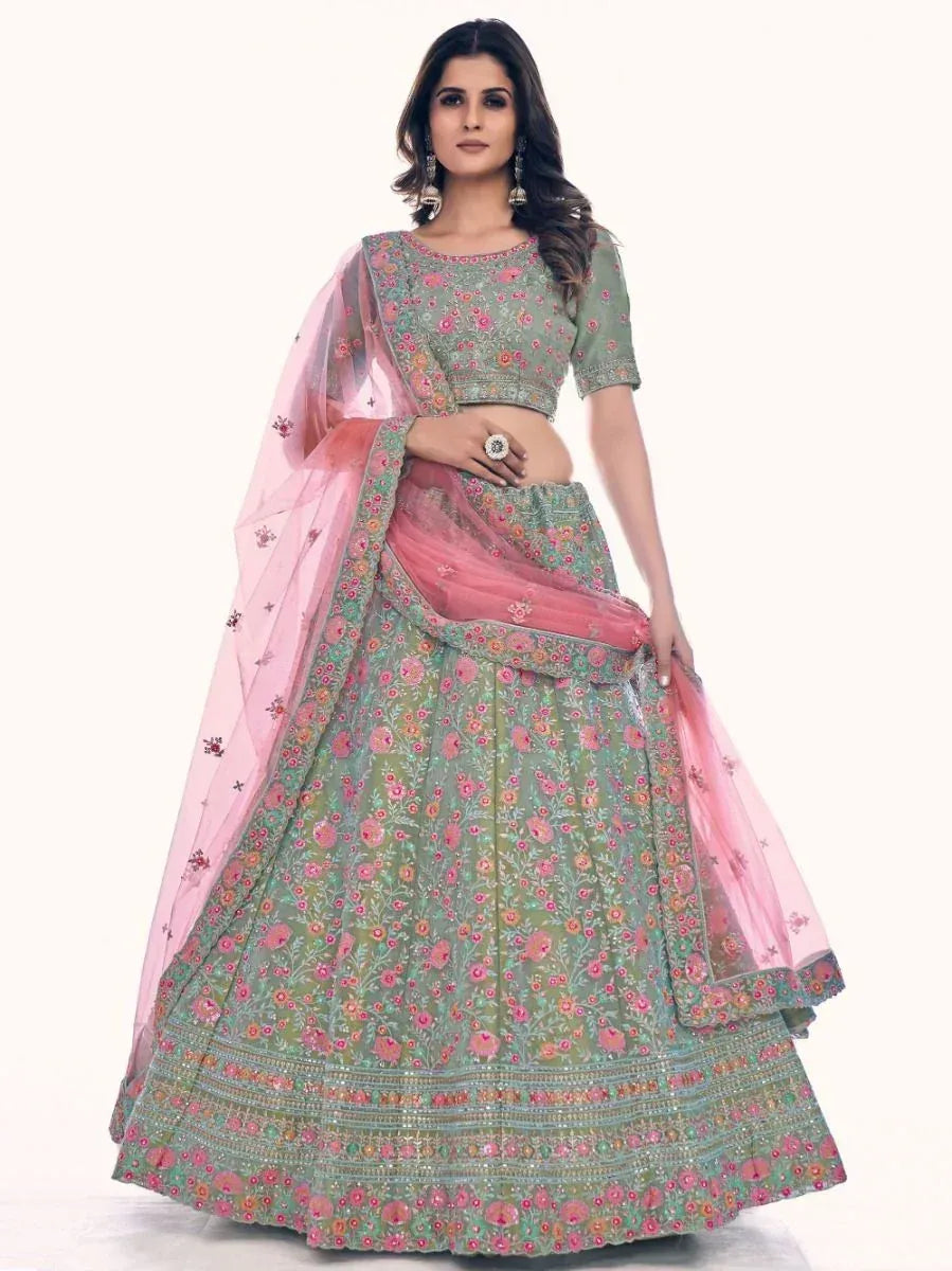 Green floral lehenga choli with pink dupatta, ethnic Indian wedding wear