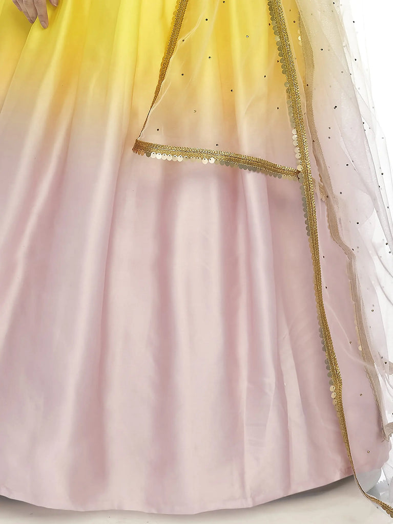 Shaded Pink And Yellow Georgette Lehenga With Embroidered Choli