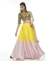 Shaded Pink And Yellow Georgette Lehenga With Embroidered Choli