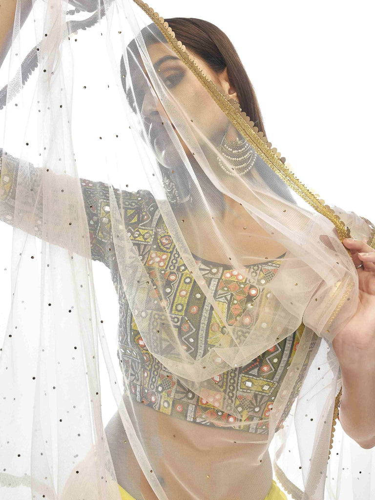 Shaded Pink And Yellow Georgette Lehenga With Embroidered Choli