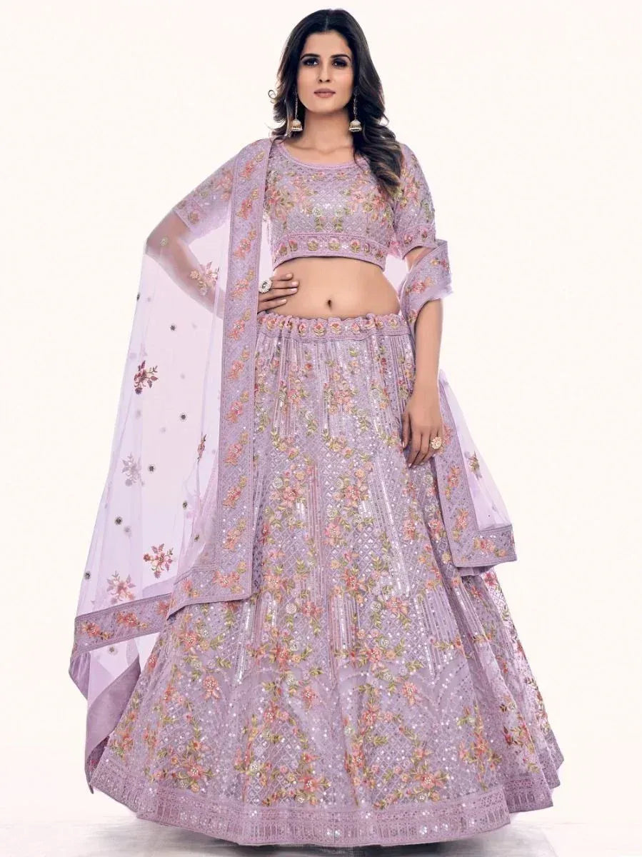 Lavender floral embroidered lehenga choli with sheer dupatta, perfect for Indian weddings and festive occasions.