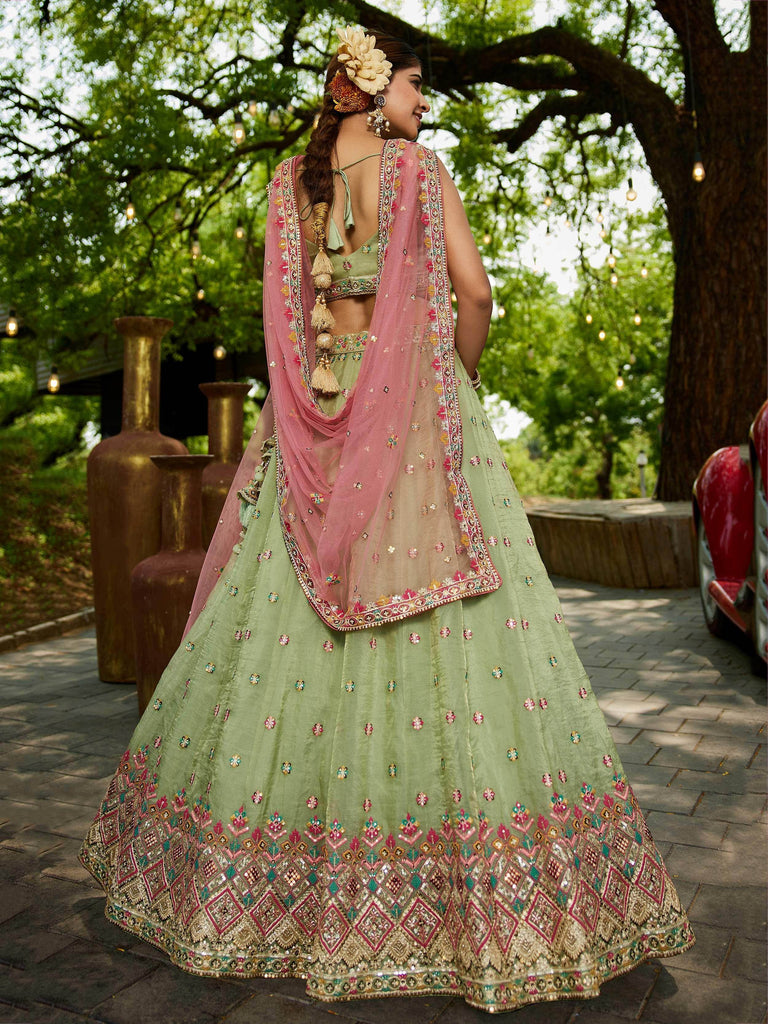 Regal Pista Green Multi-Thread Work Event Wear Lehenga Choli