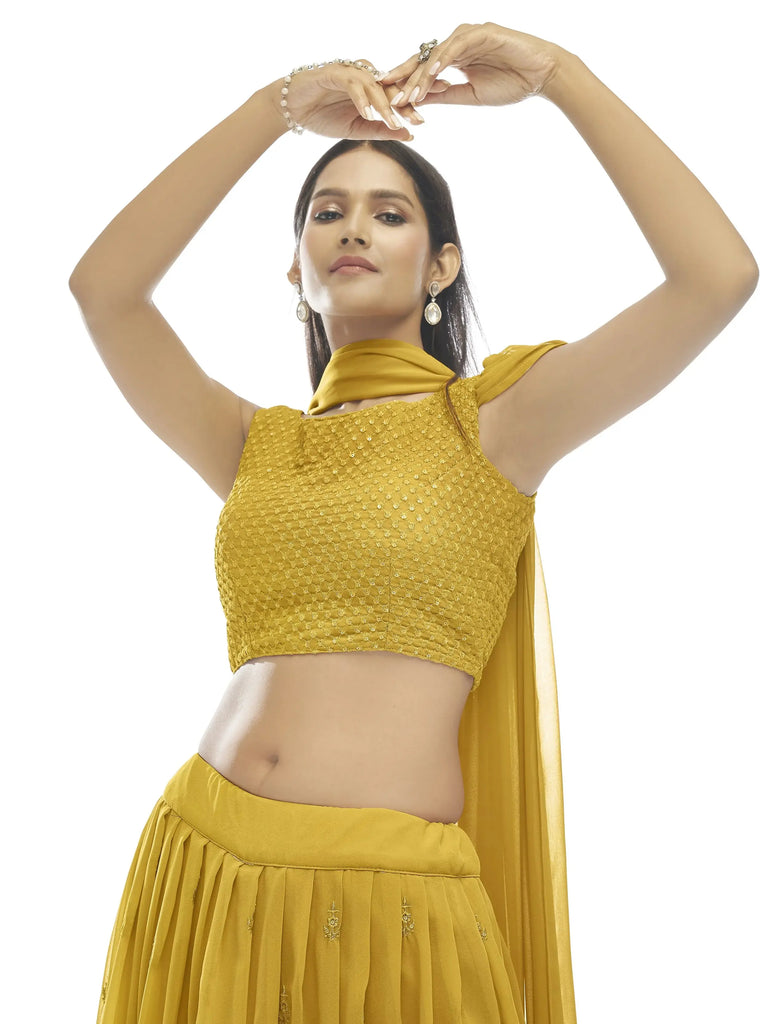 Pleasant Mustard Yellow Embroidered Georgette Lehenga Choli