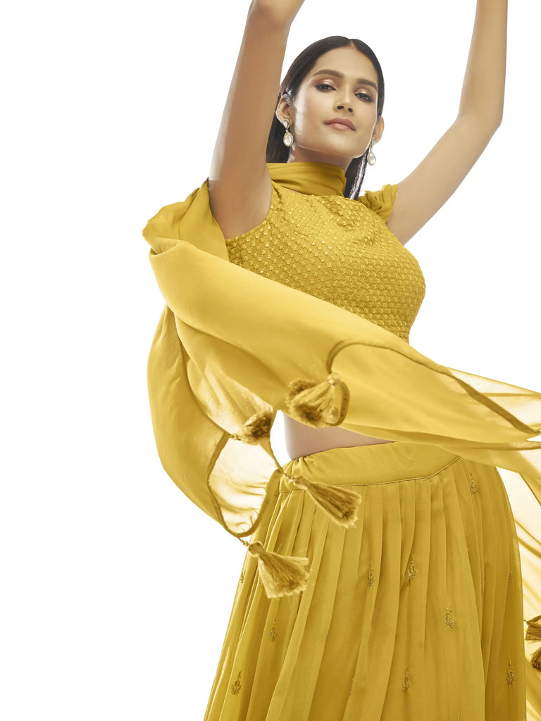 Pleasant Mustard Yellow Embroidered Georgette Lehenga Choli