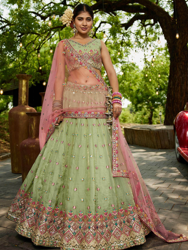 Regal Pista Green Multi-Thread Work Event Wear Lehenga Choli