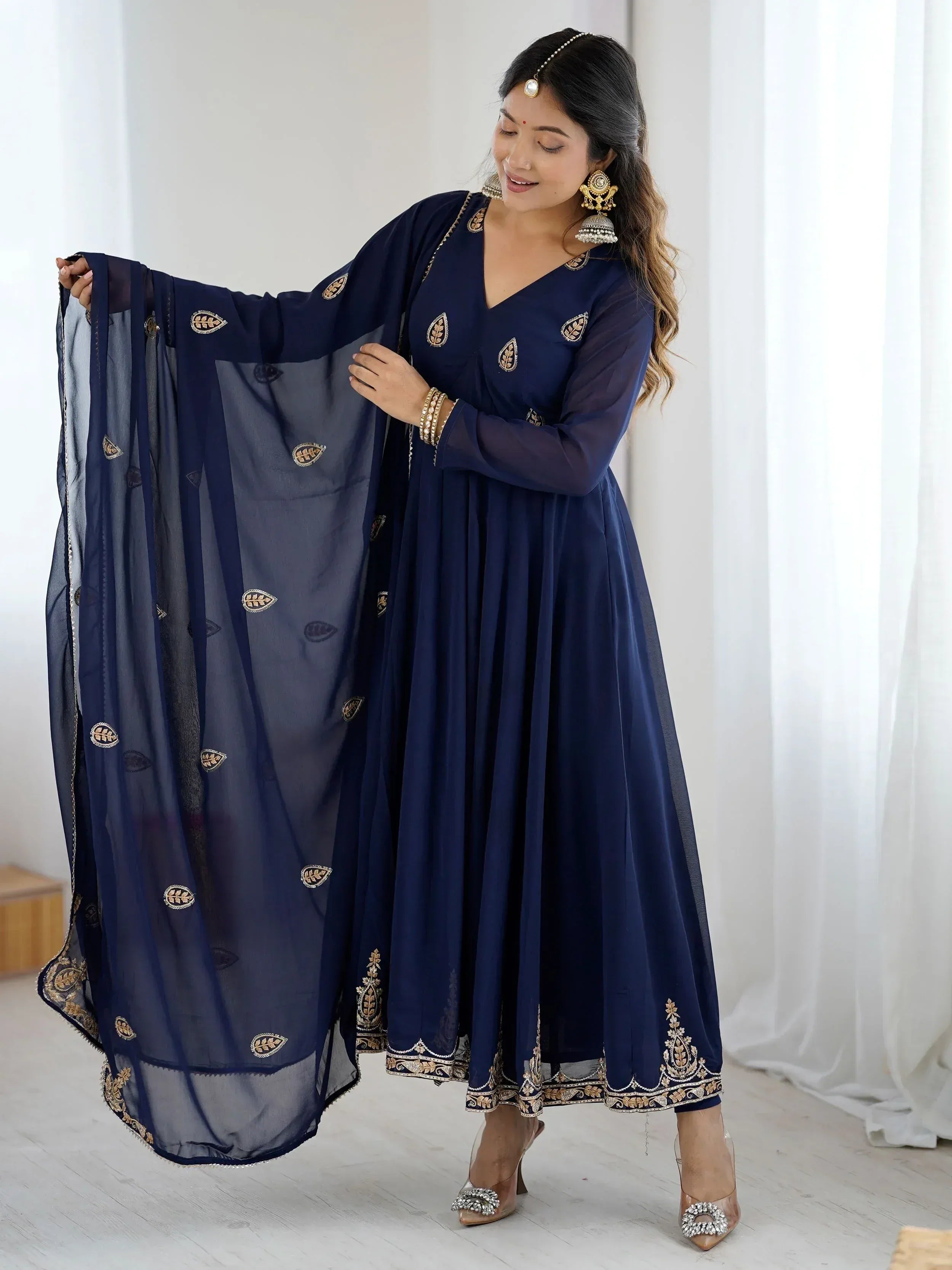 navy blue indian dress for women Georgette Navy Blue Embroidered Indian Long Anarkali Dress