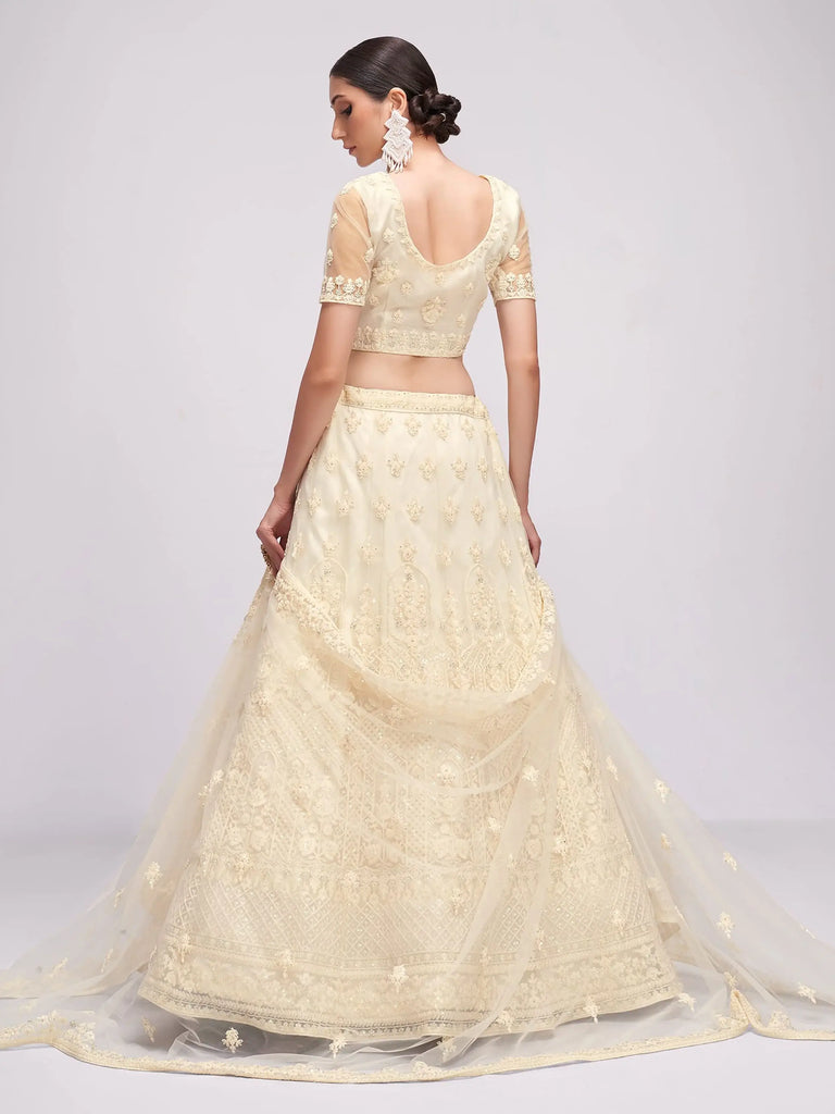 Glamorous Off-White Sequins Embroidery Net Monochrome Lehenga Choli