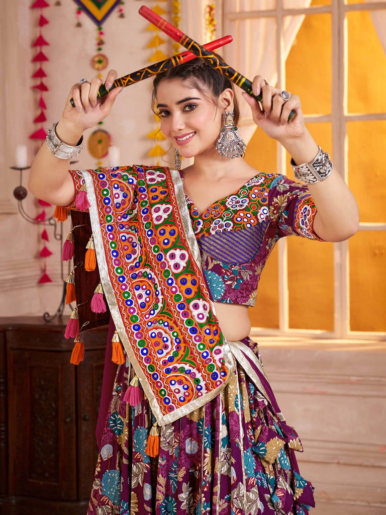 Beautiful Purple Cotton Floral Printed Lehenga Choli With Dupatta