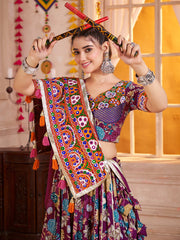 Beautiful Purple Cotton Floral Printed Lehenga Choli With Dupatta