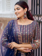 Dazzling Navy Blue Sequins Georgette Lehenga Choli With Belt