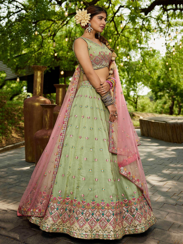 Regal Pista Green Multi-Thread Work Event Wear Lehenga Choli