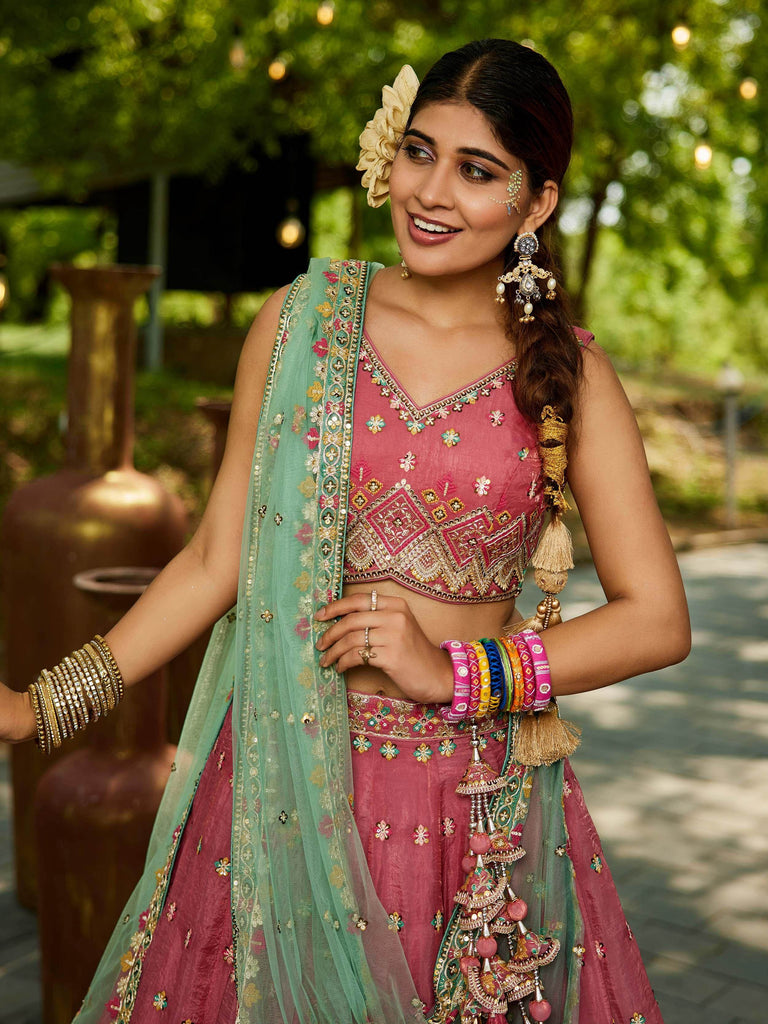 Rich Pink Tissue Sequins Reception Wear Lehenga Choli With Dupatta
