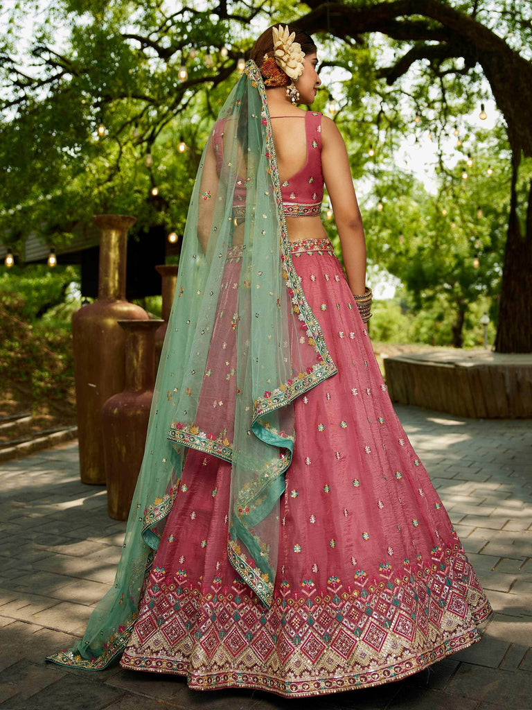 Rich Pink Tissue Sequins Reception Wear Lehenga Choli With Dupatta