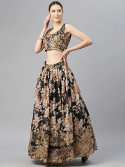 Black & Beige Embellished Sequinned Semi-Stitched Lehenga & Unstitched Blouse