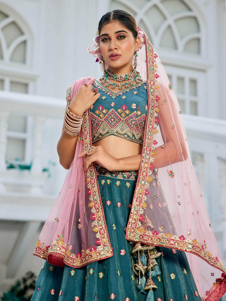 Timeless Teal Blue Embroidered Wedding Wear Lehenga Choli With Dupatta