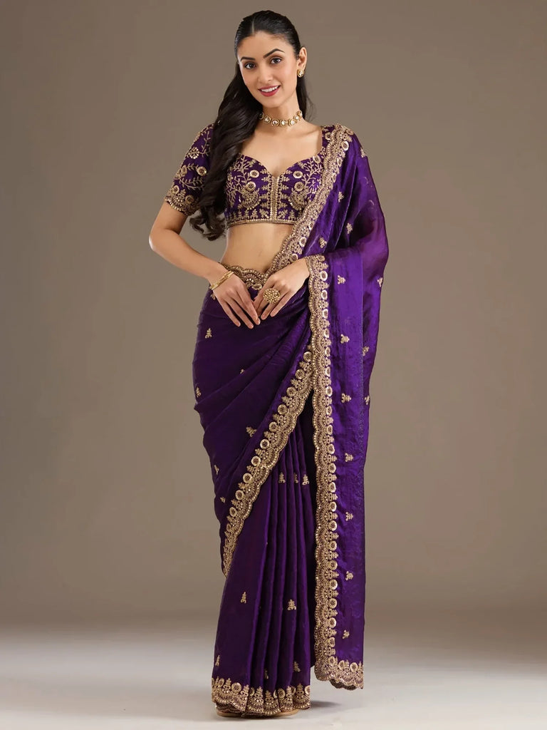 Beautiful Purple Zari Embroidered Silk Party Wear Saree With Blouse