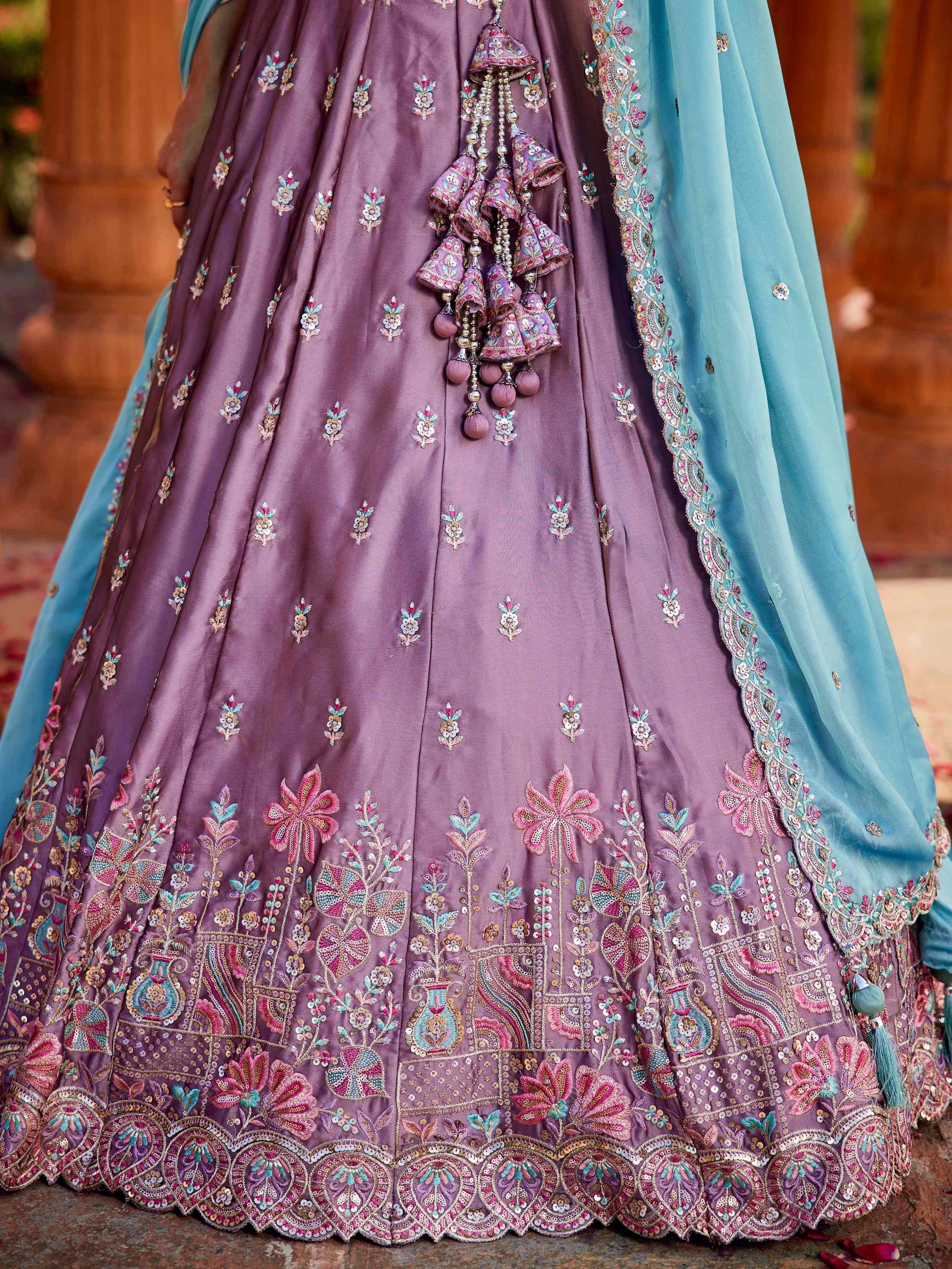 Purple embroidered lehenga with floral motifs and turquoise dupatta, Indian ethnic wear