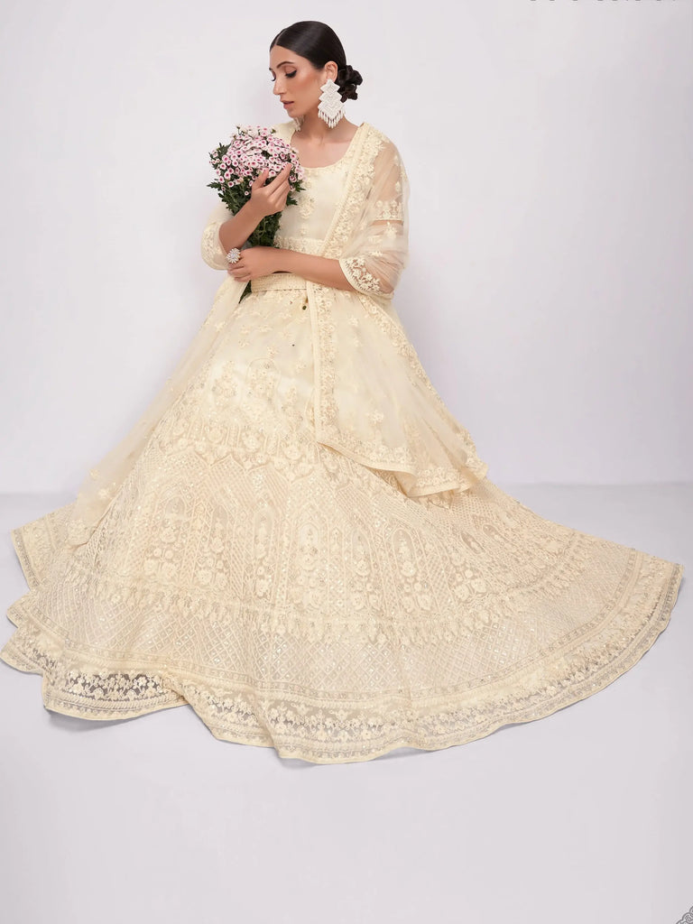 Glamorous Off-White Sequins Embroidery Net Monochrome Lehenga Choli