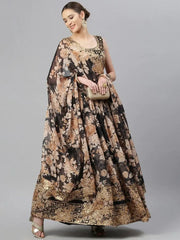 Black & Beige Embellished Sequinned Semi-Stitched Lehenga & Unstitched Blouse
