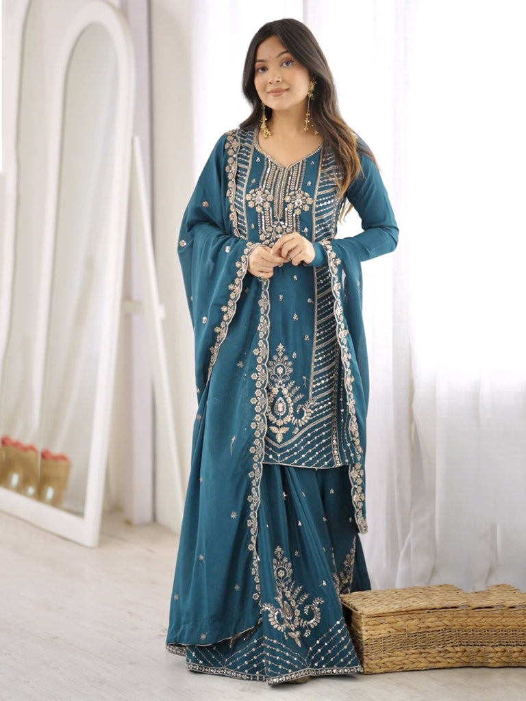 Charming Teal Blue Bead Work Chinon Wedding Wear Palazzo Suit