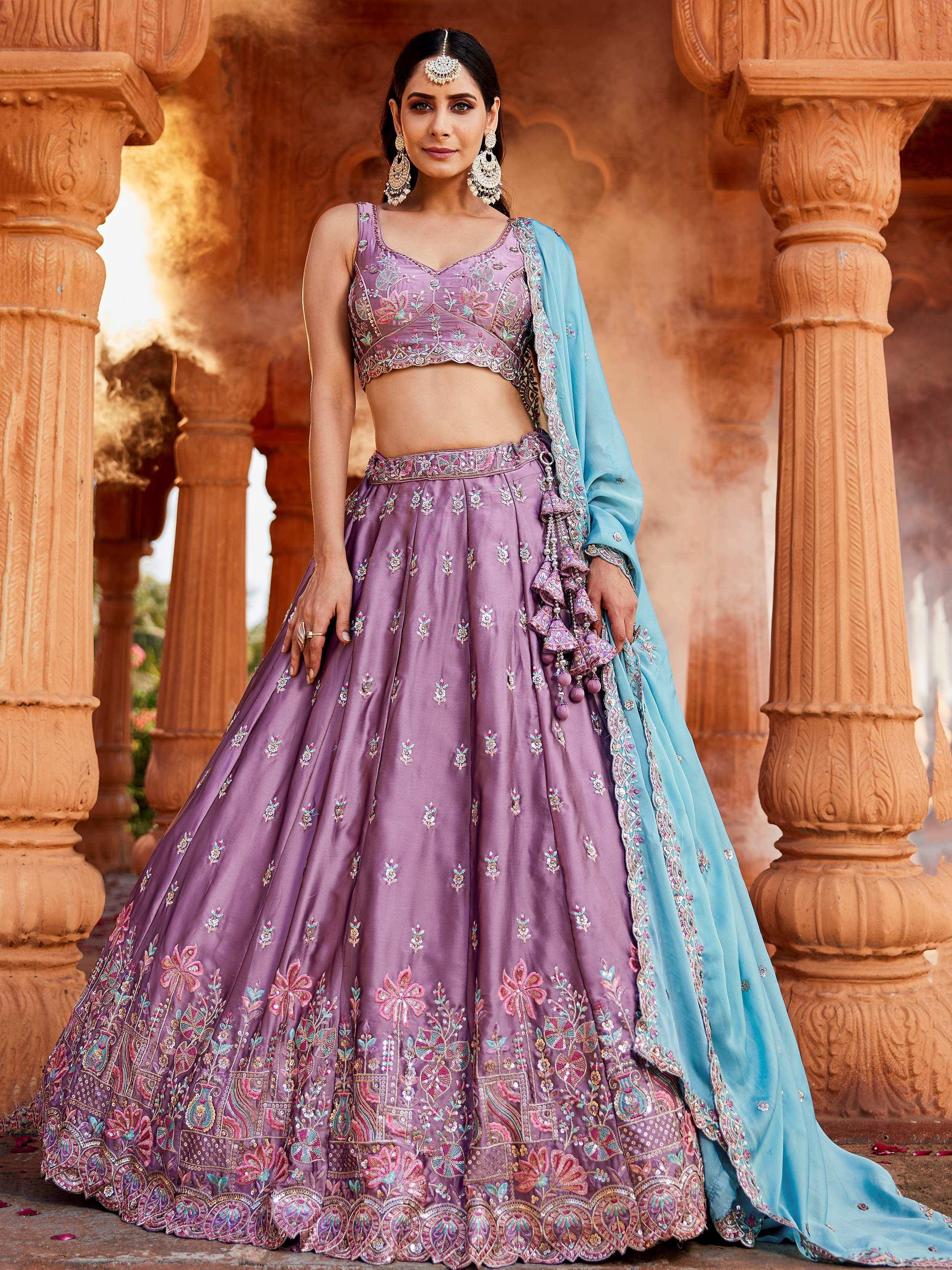 Purple embroidered lehenga choli with blue dupatta, Indian ethnic wear for weddings and festivals