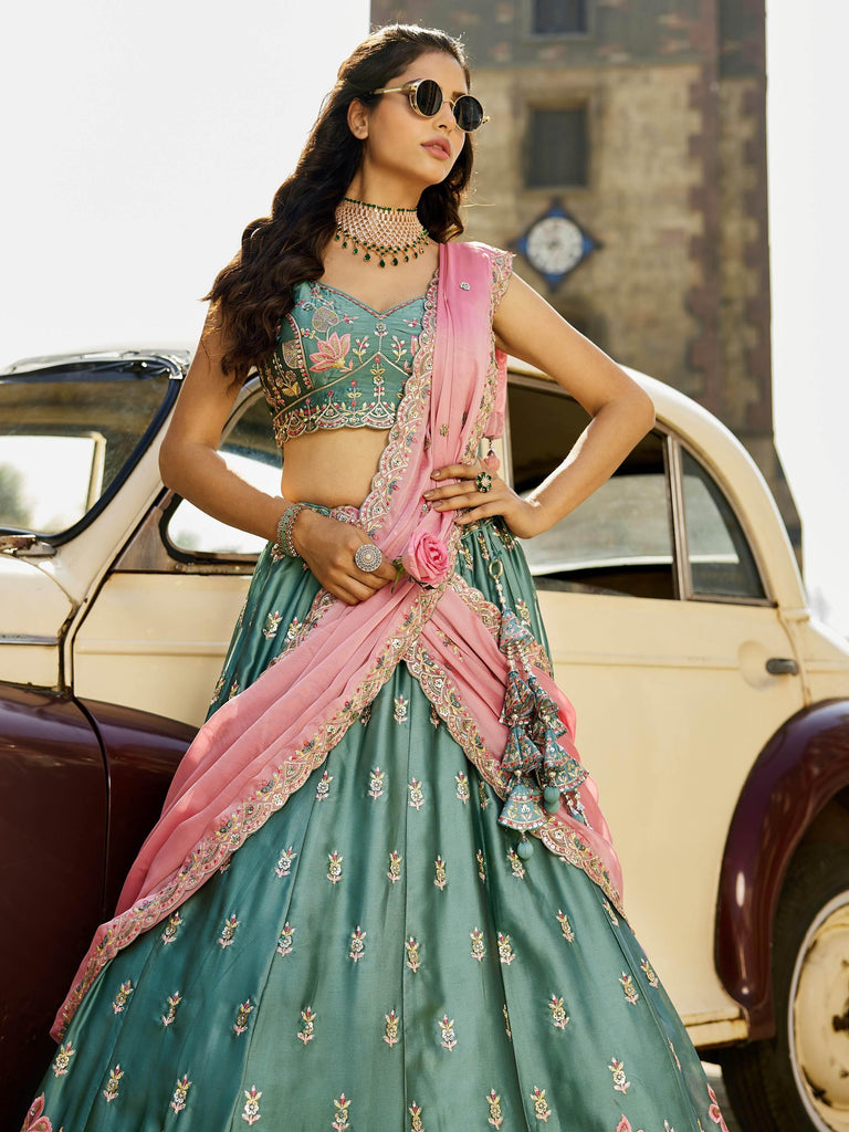 Tantalizing Sea Green Georgette Multi-Thread Work Lehenga Choli