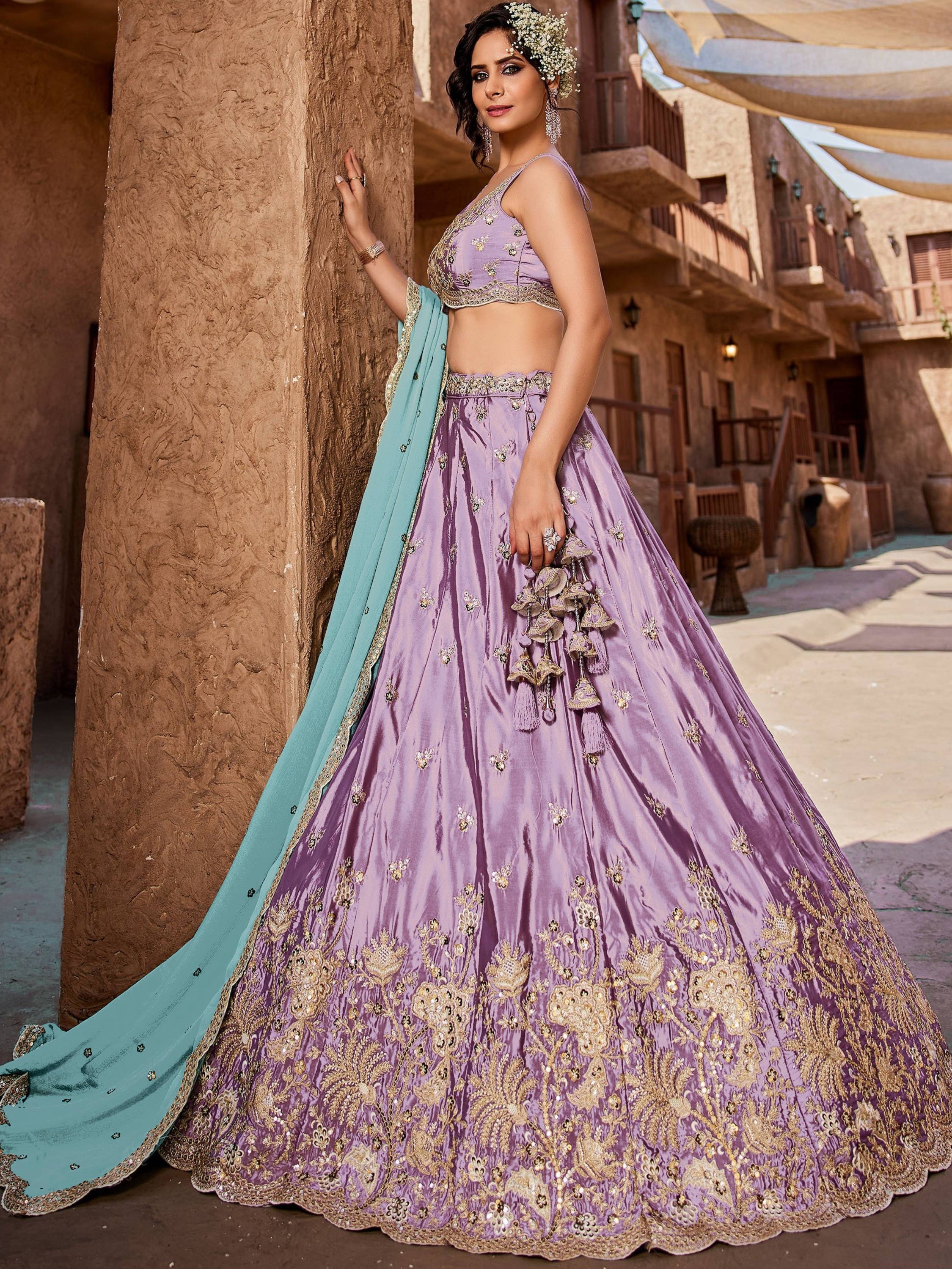Glorious Lavender Embroidered Silk Sangeet Wear Lehenga Choli