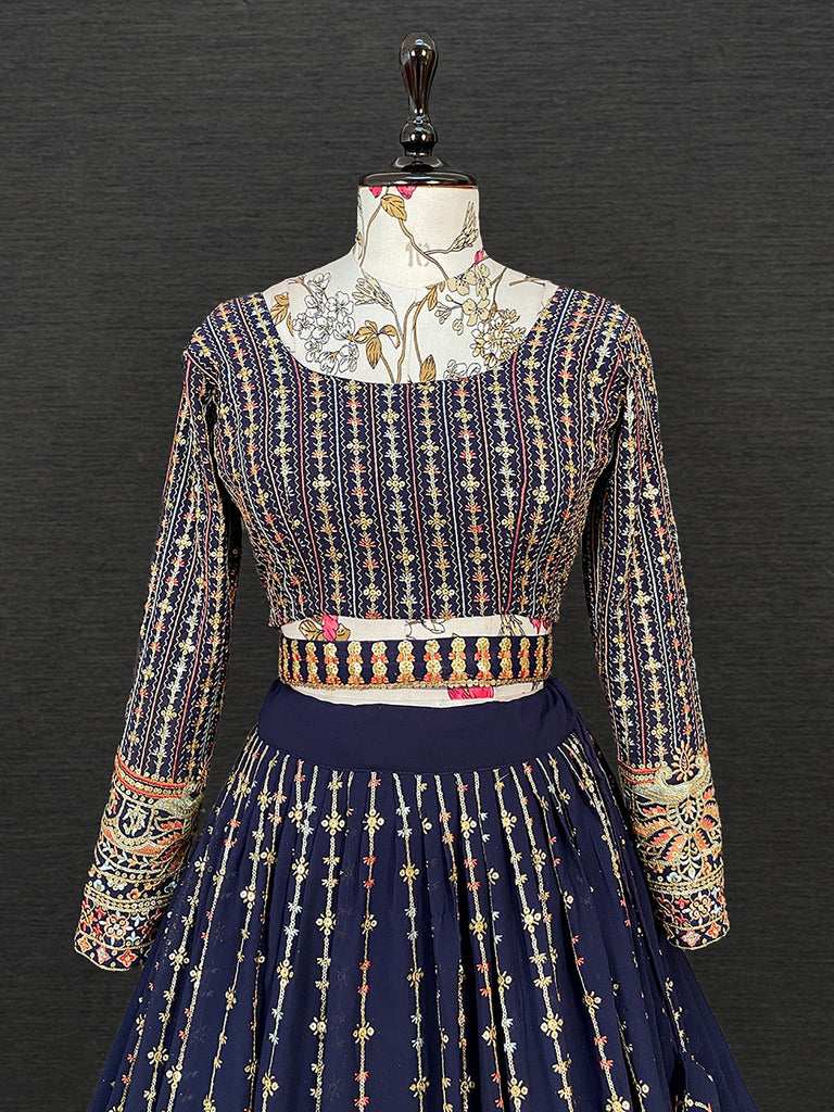 Dazzling Navy Blue Sequins Georgette Lehenga Choli With Belt