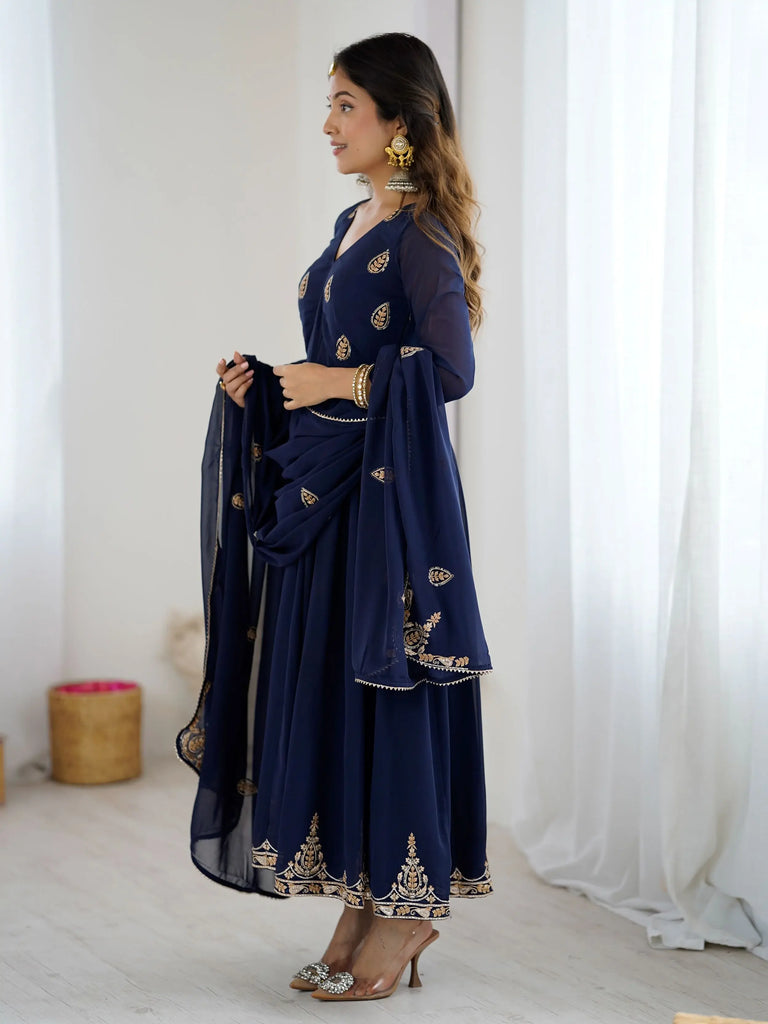 Tantalizing Navy Blue Georgette Embroidered Festive Anarkali Suit
