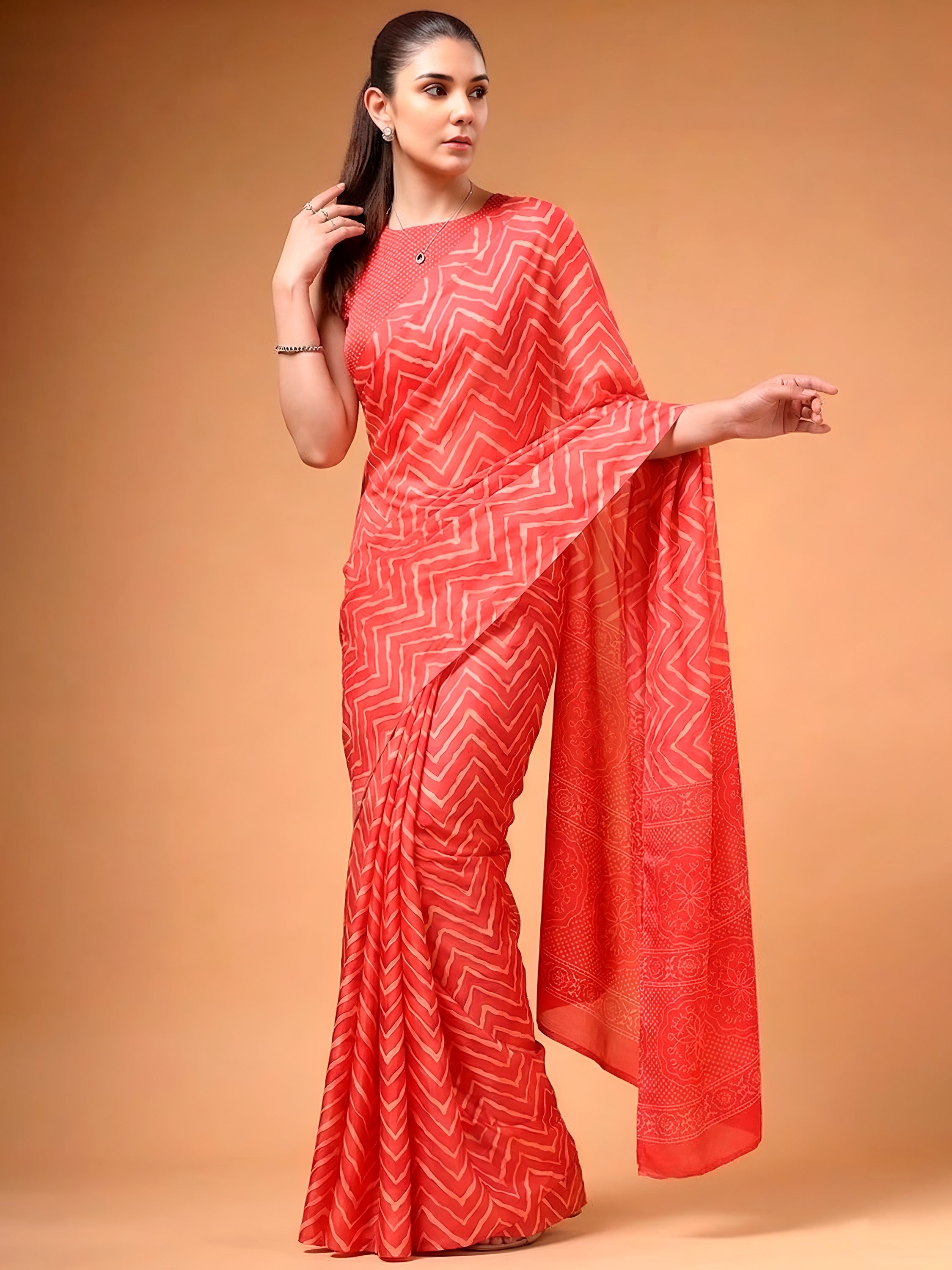 Likeable Coral Red Zig-Zag Printed Satin Wedding Wear Saree With Blouse