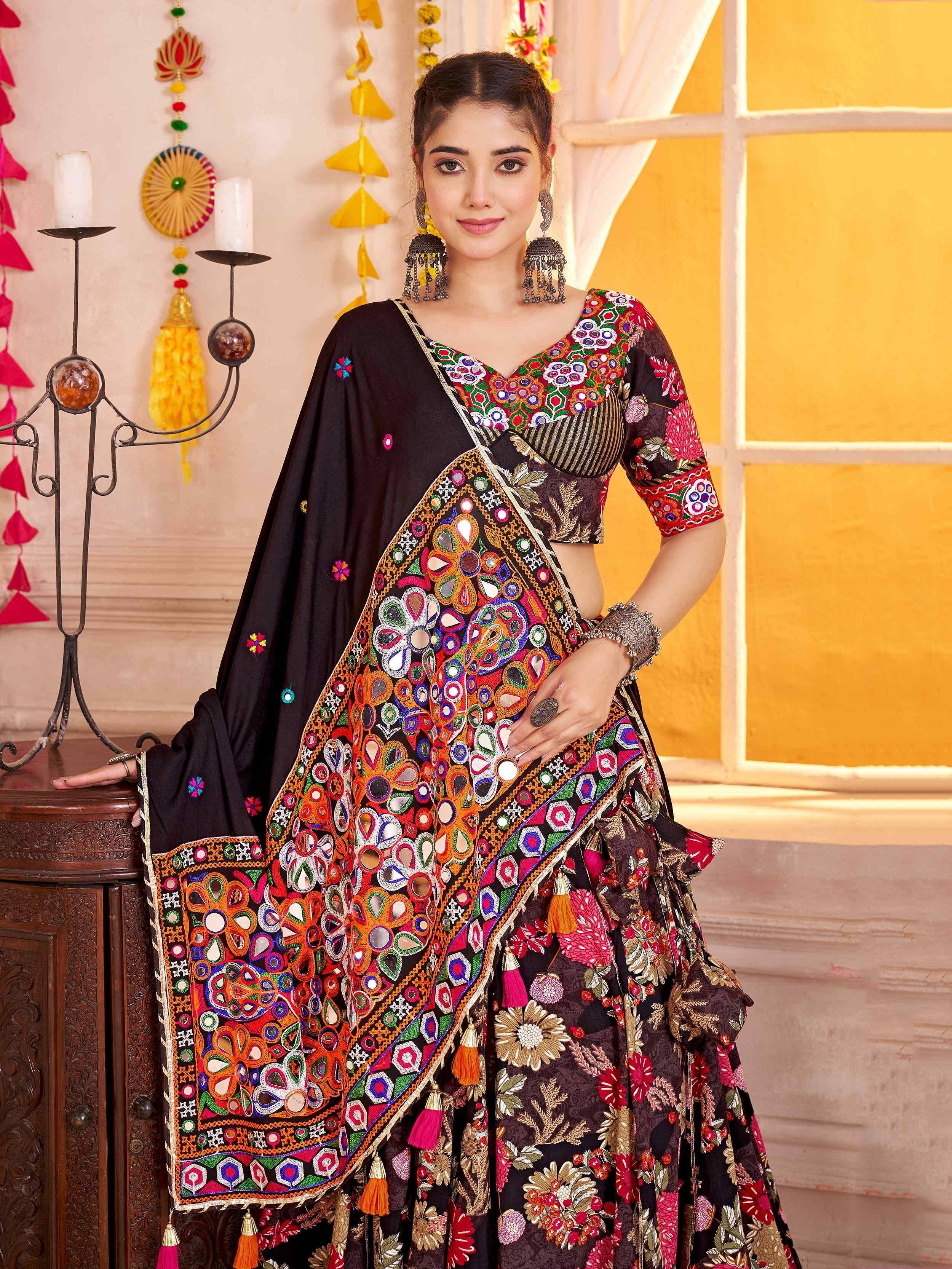 Black embroidered lehenga choli with mirror work and floral dupatta, Indian ethnic wear