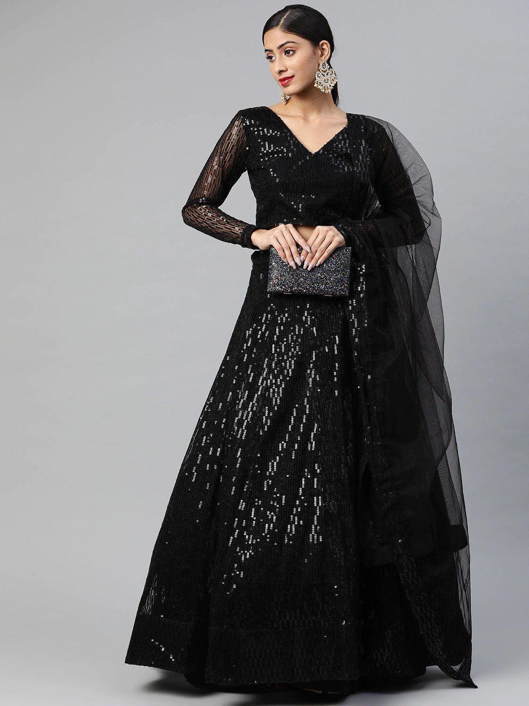 Black Embroidered Sequinned Semi-stitched Myntra Lehenga & Blouse With Dupatta