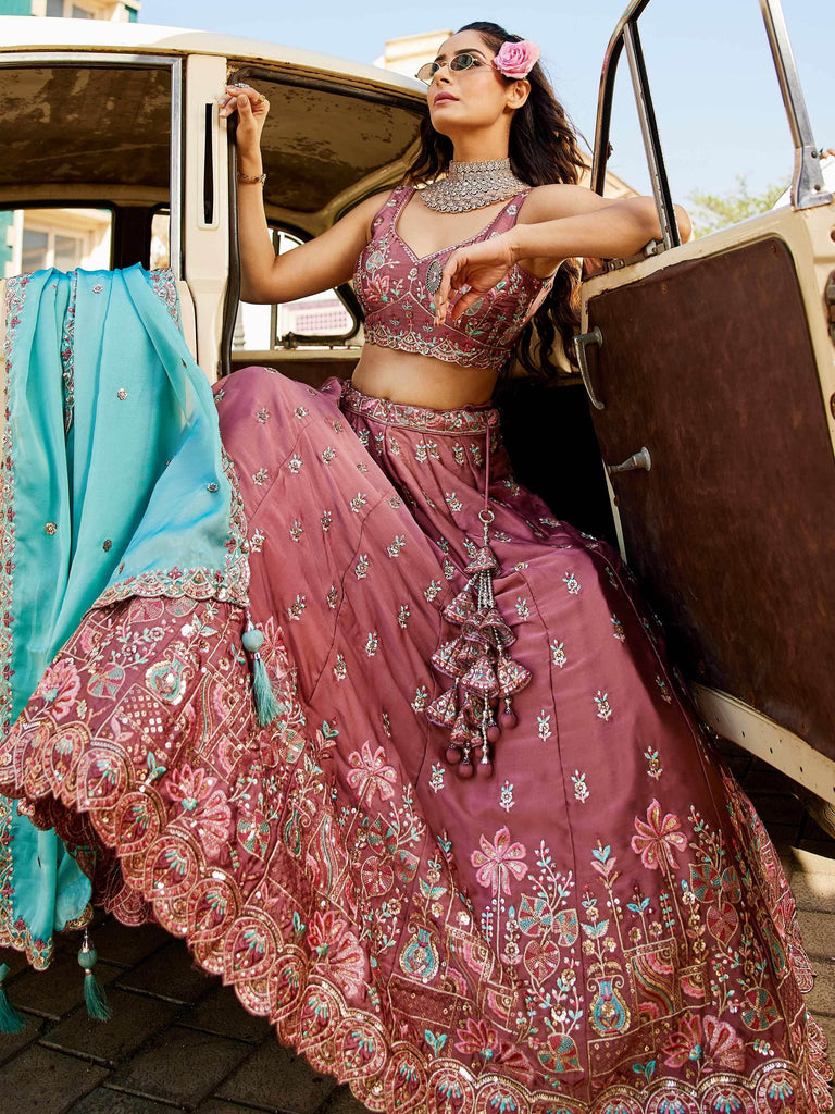 Chic Pink Sequins Embroidered Georgette Lehenga Choli With Dupatta