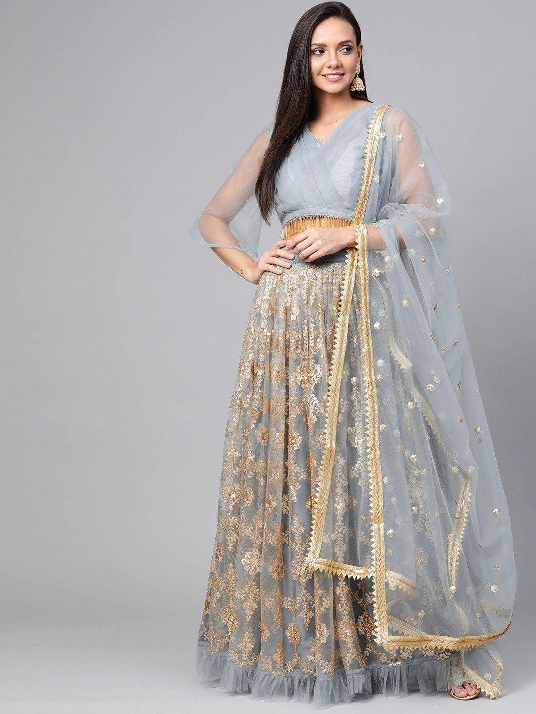 Grey & Golden Semi-Stitched Embellished Myntra Lehenga & Unstitched Blouse with Dupatta