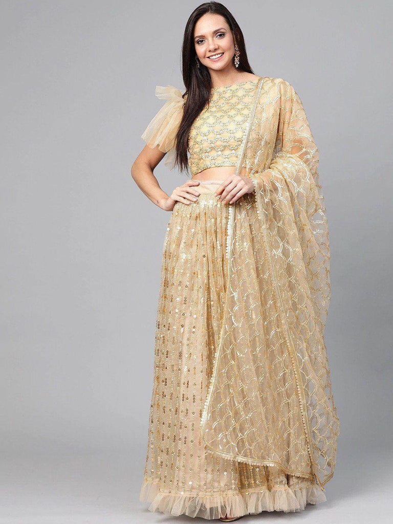 Beige Zari Embroidered Semi-Stitched Myntra Lehenga & Unstitched Blouse with Dupatta