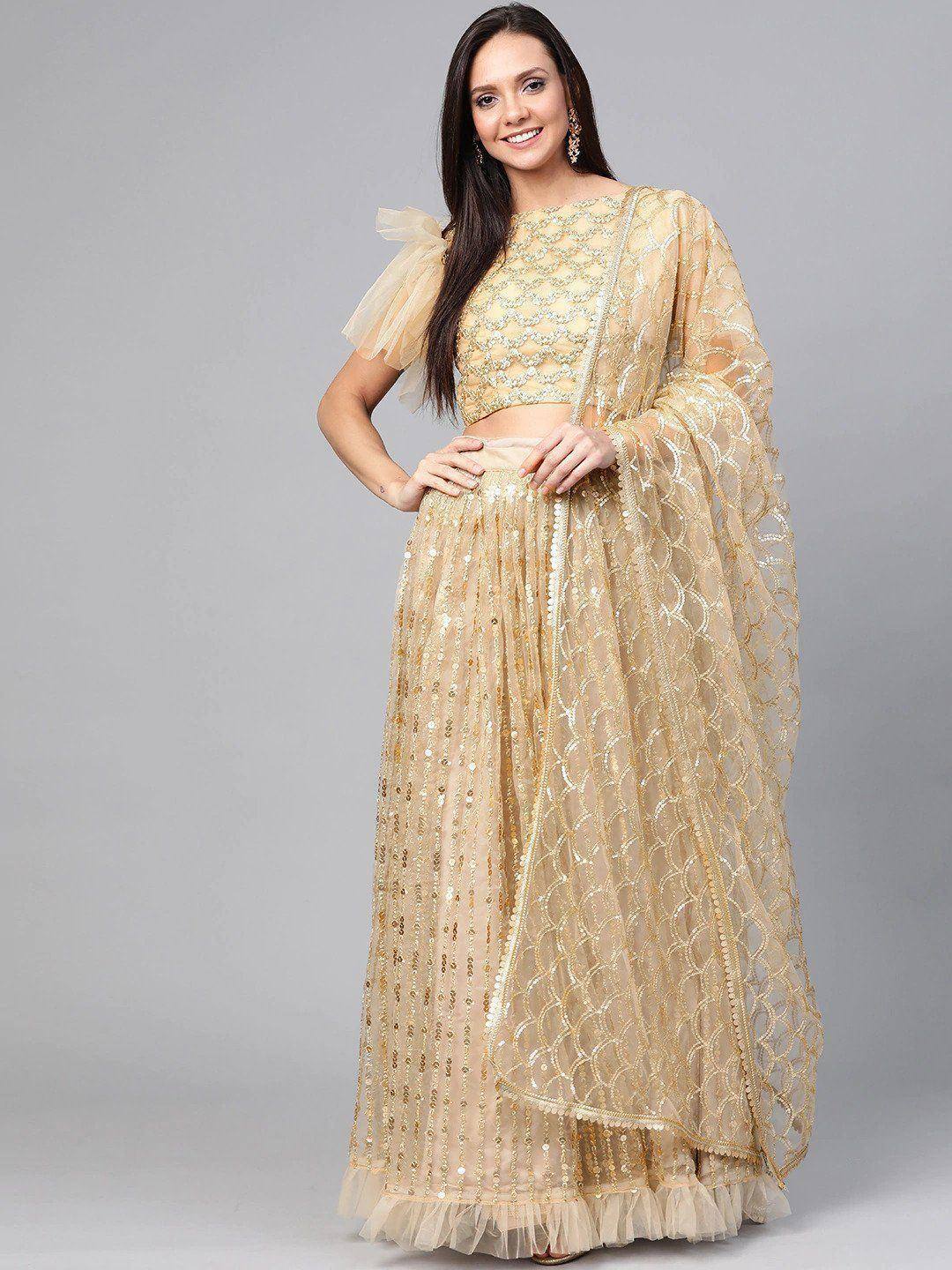 Gold sequin lehenga choli with sheer dupatta, Indian ethnic wear for weddings and parties