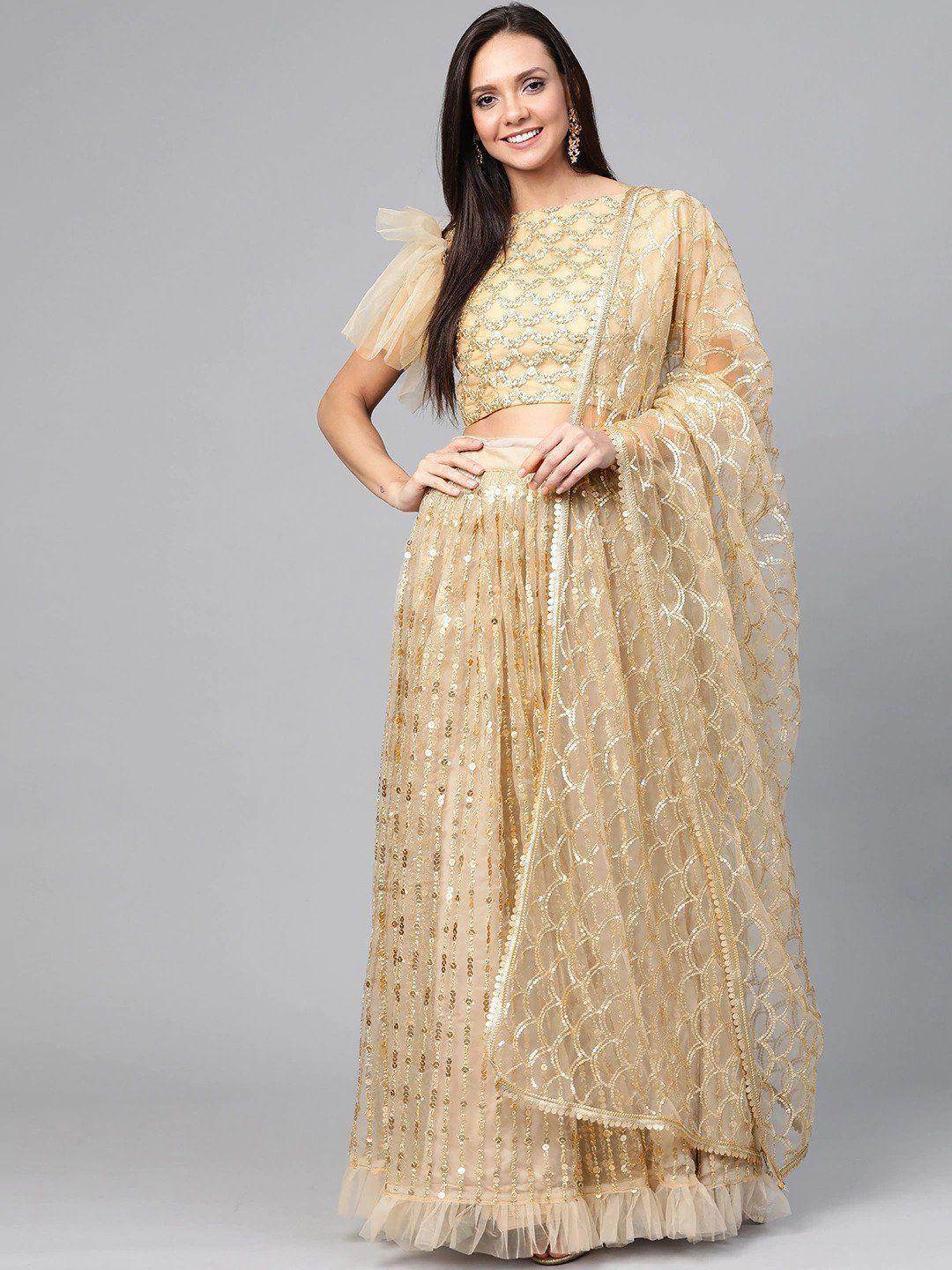 Beige Zari Embroidered Semi-Stitched Myntra Lehenga & Unstitched Blouse with Dupatta