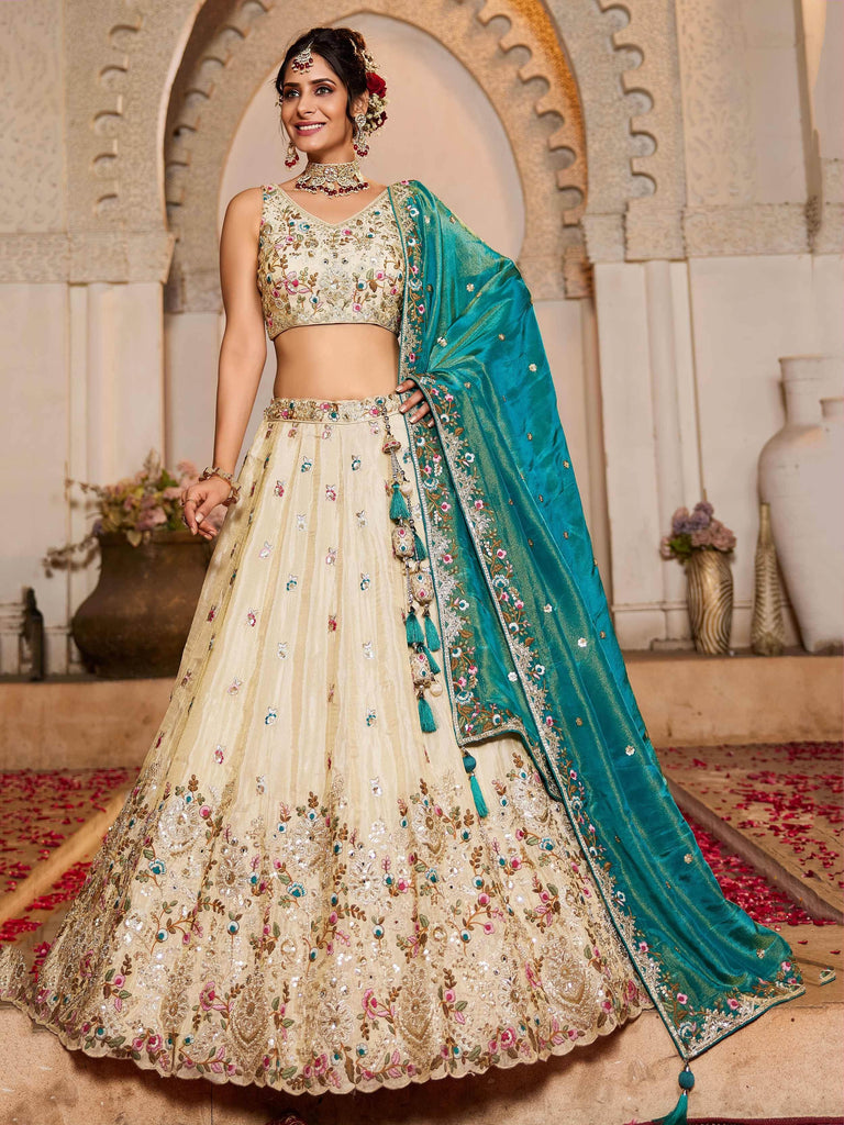 Alluring Cream Tissue Sequins Work Engagement Wear Lehenga Choli