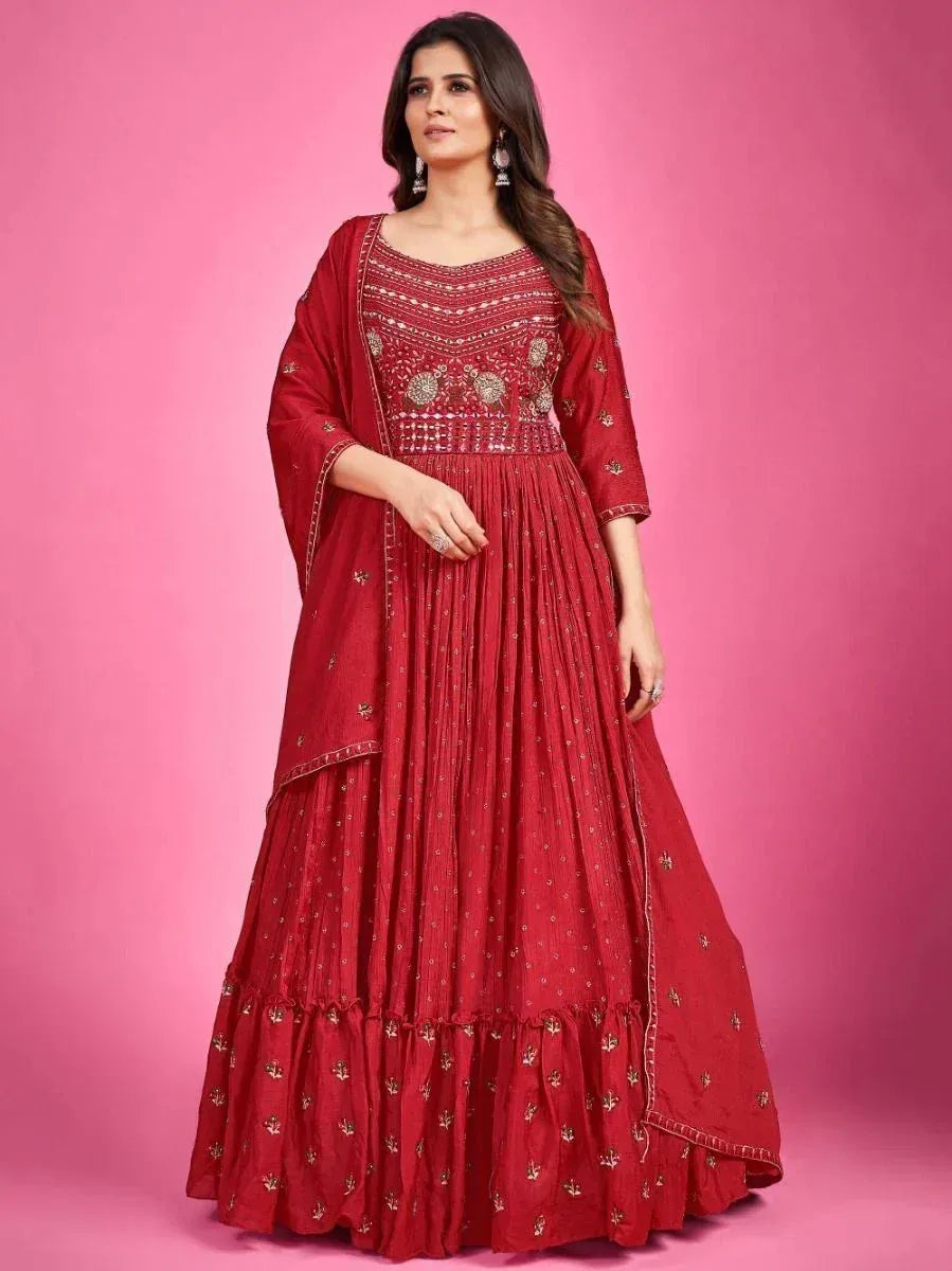 Red embroidered anarkali suit with gold detailing, perfect for Indian ethnic occasions