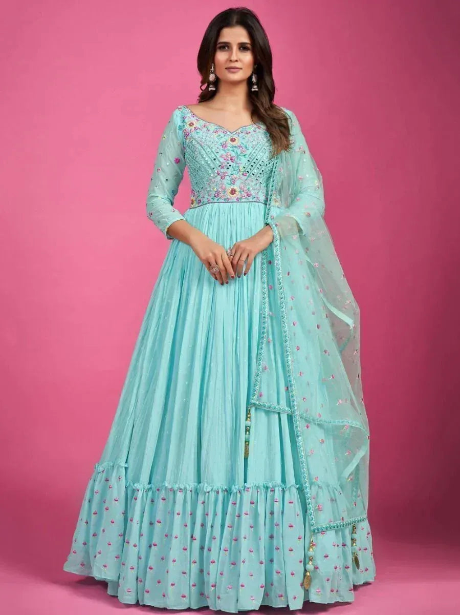 Light blue embroidered anarkali gown with floral details and matching dupatta, perfect for ethnic occasions