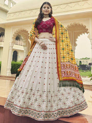 Enchanting White Thread & Sequins Work Georgette Lehenga With Printed Dupatta