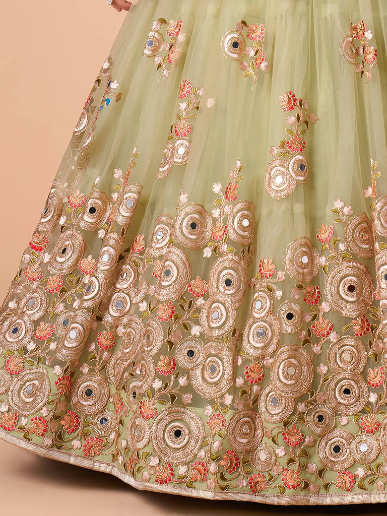 Impressive Pista Green Net Embroidered Wedding Lehenga Choli