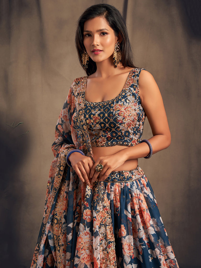 Incredible Blue Printed Organza Wedding Wear Plus Size Lehenga Choli