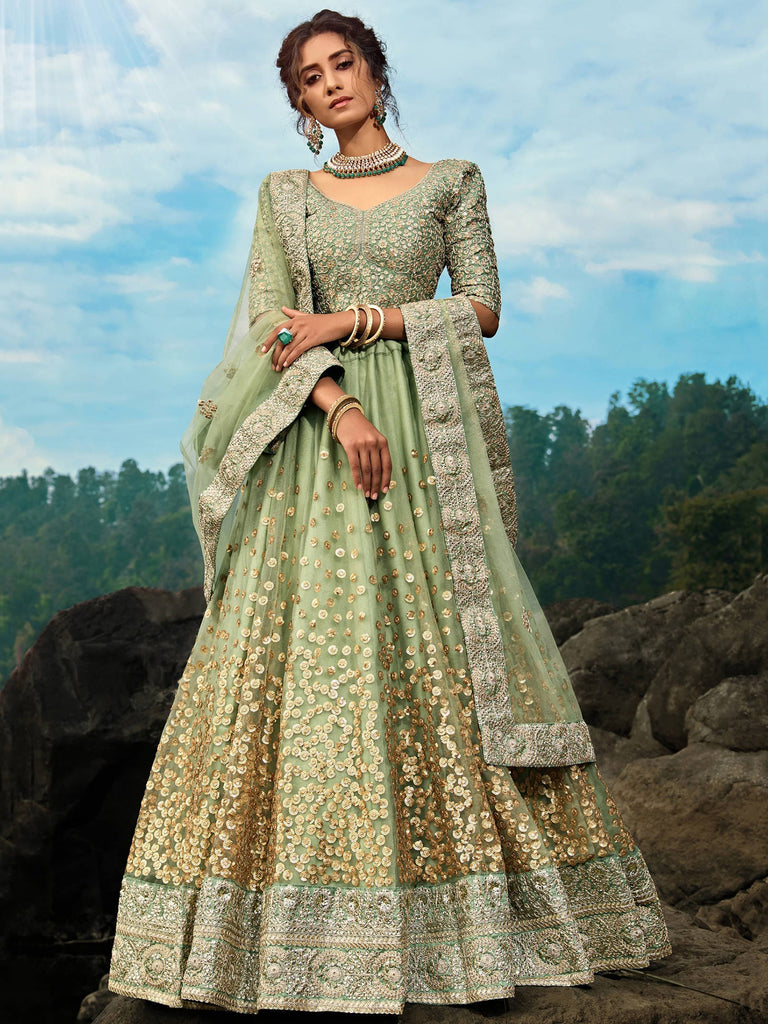 Adorable Green Sequins Net Function Wear Plus Size Lehenga Choli