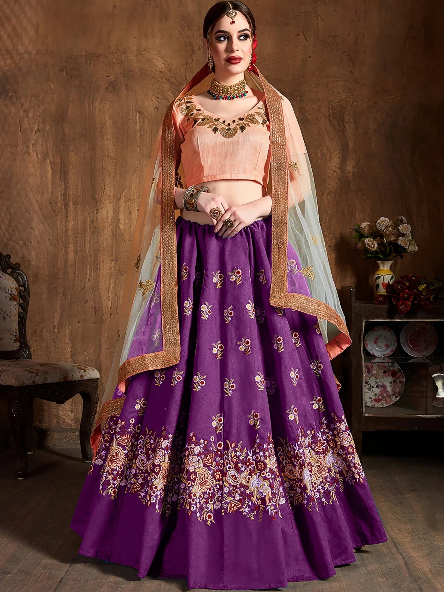 Gorgeous Purple Embroidered Silk Bridesmaid Plus Size Lehenga Choli 